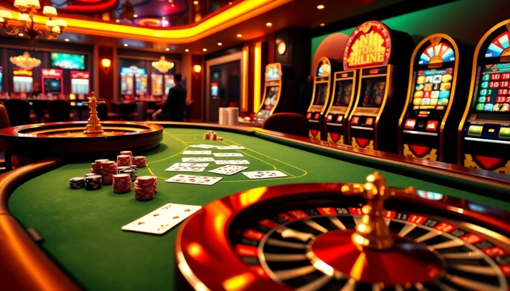 Visuel captivant d'une ambiance de casino en ligne avec des jetons de poker et une roulette.