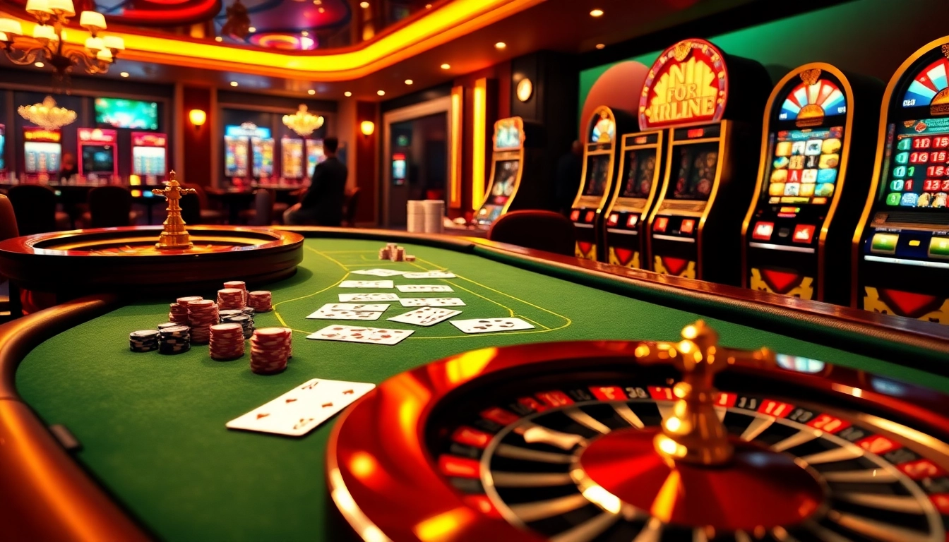 Visuel captivant d'une ambiance de casino en ligne avec des jetons de poker et une roulette.