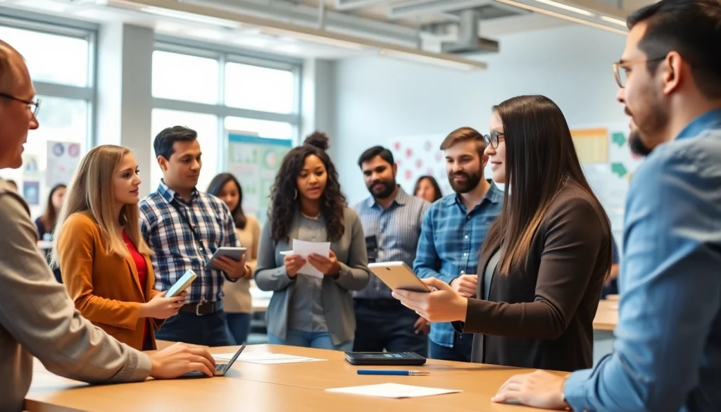 Engage in workforce training session with diverse participants and modern learning tools.