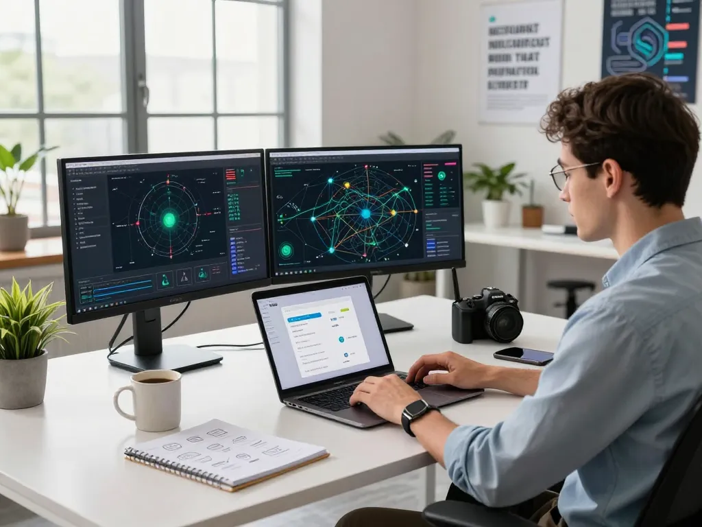 IT专家在现代办公室中使用快连应用，周围是科技设备和明亮的灯光。