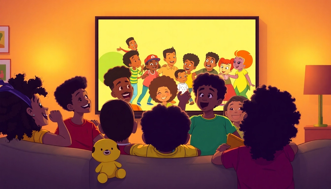 A diverse group of children joyfully enjoying African American Cartoons in a cozy living room setting.
