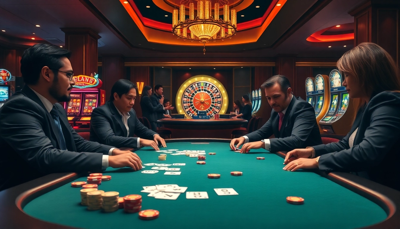 Players enjoying a high-stakes poker game at a luxurious casino, featuring elements from https://28bet.run/