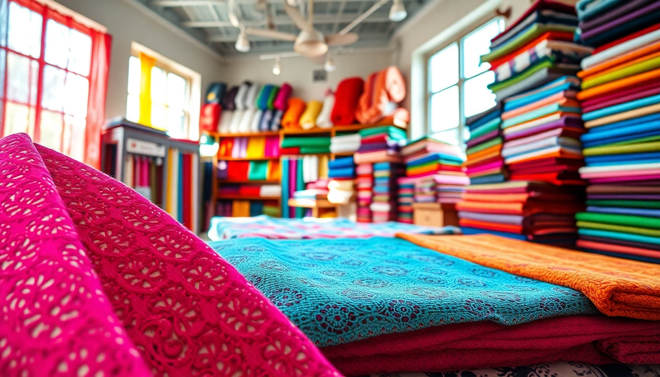 Kant stof kopen: een kleurrijke selectie van kantstoffen in een uitnodigende stoffenwinkel.