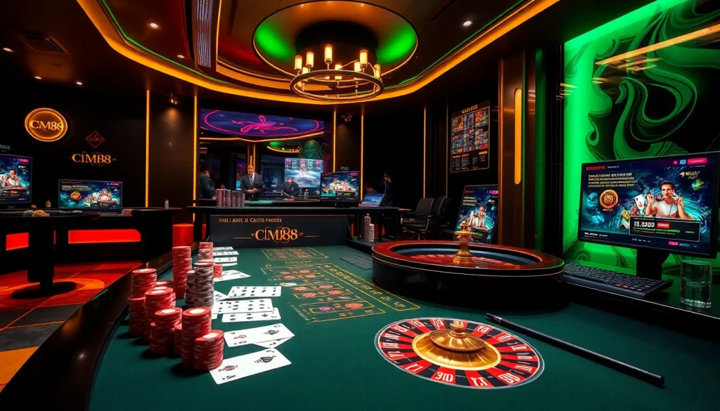 Engaging players at nhà cái cm88's vibrant online casino with poker chips, cards, and roulette.