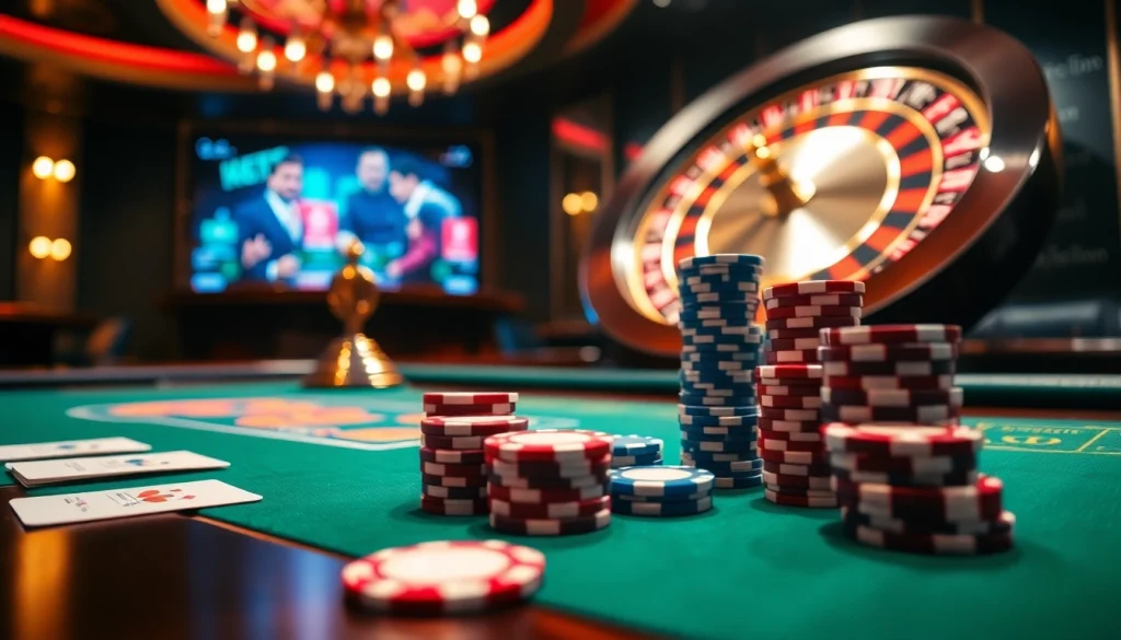 Scène passionnante de casino en ligne avec tables de roulette et de poker, mettant en avant l'action du jeu.