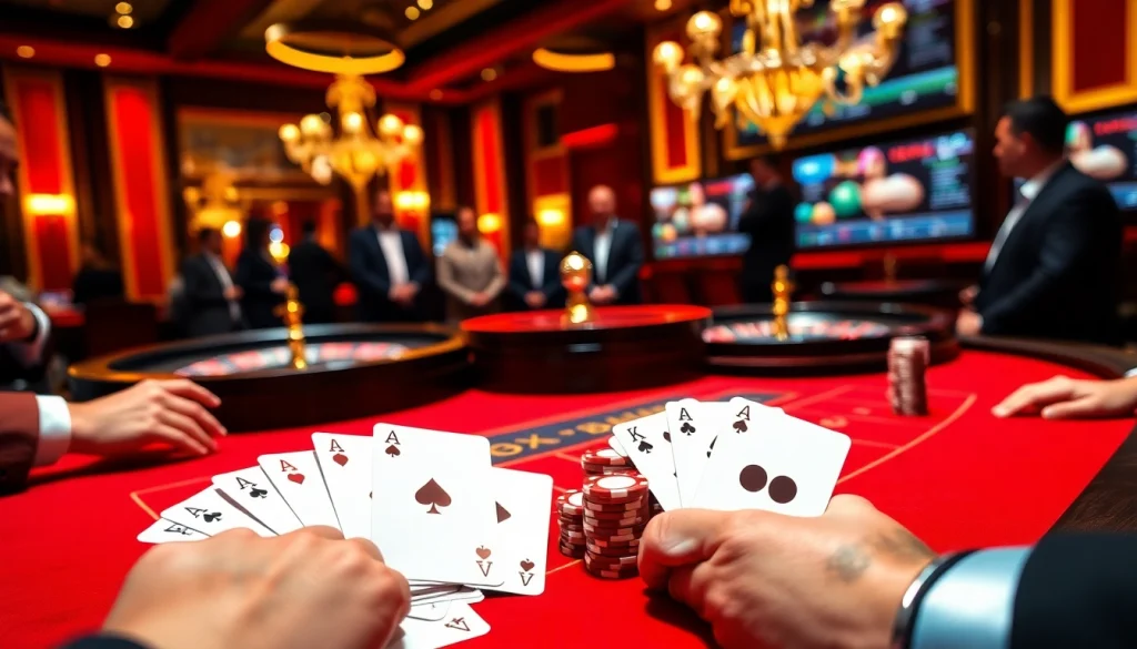 Des joueurs engagés profitant d'une atmosphère de casino en ligne avec des jetons de poker vibrants et une roulette.