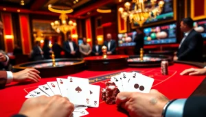 Des joueurs engagés profitant d'une atmosphère de casino en ligne avec des jetons de poker vibrants et une roulette.