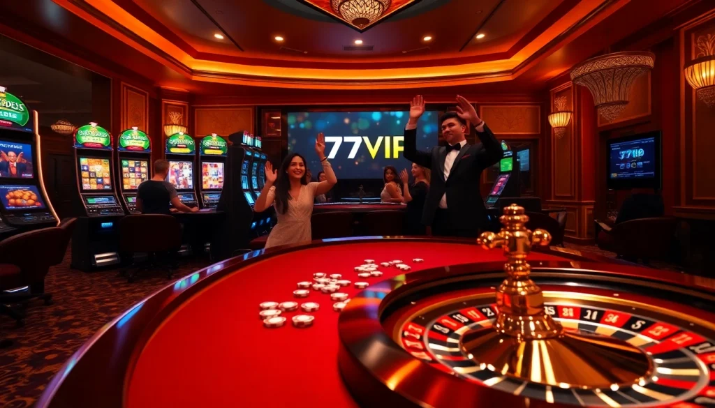 Players celebrate a win at an elegant 777VIP poker table filled with colorful chips and vibrant slot machines.