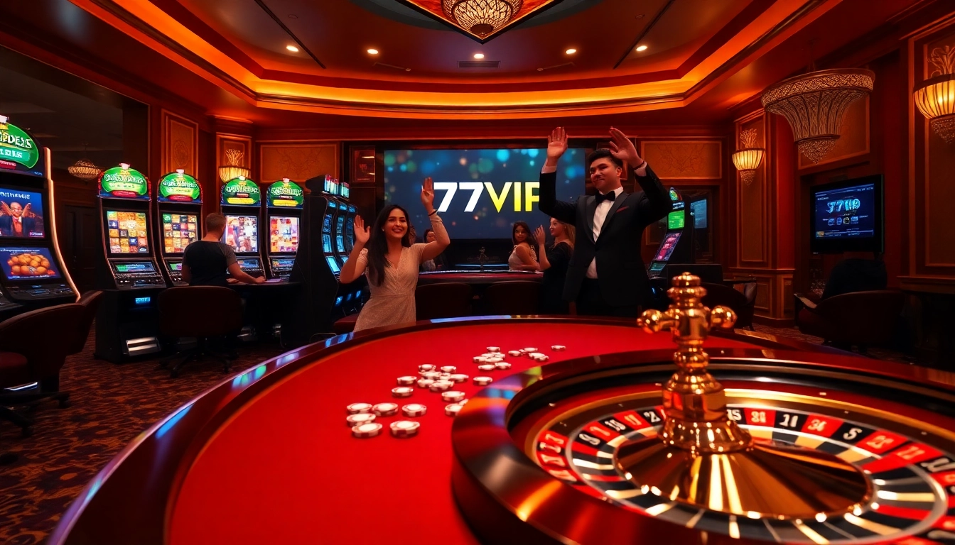 Players celebrate a win at an elegant 777VIP poker table filled with colorful chips and vibrant slot machines.