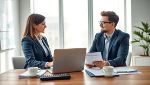 Profesjonalne usługi księgowe w ciepłym otoczeniu biurowym, przedstawiające 'Usługi księgowe' z życzliwym księgowym pomagającym klientowi.