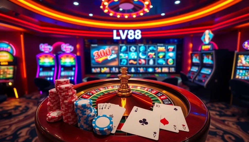 Experience excitement with LV88 at a luxurious online casino featuring roulette and slot machines.
