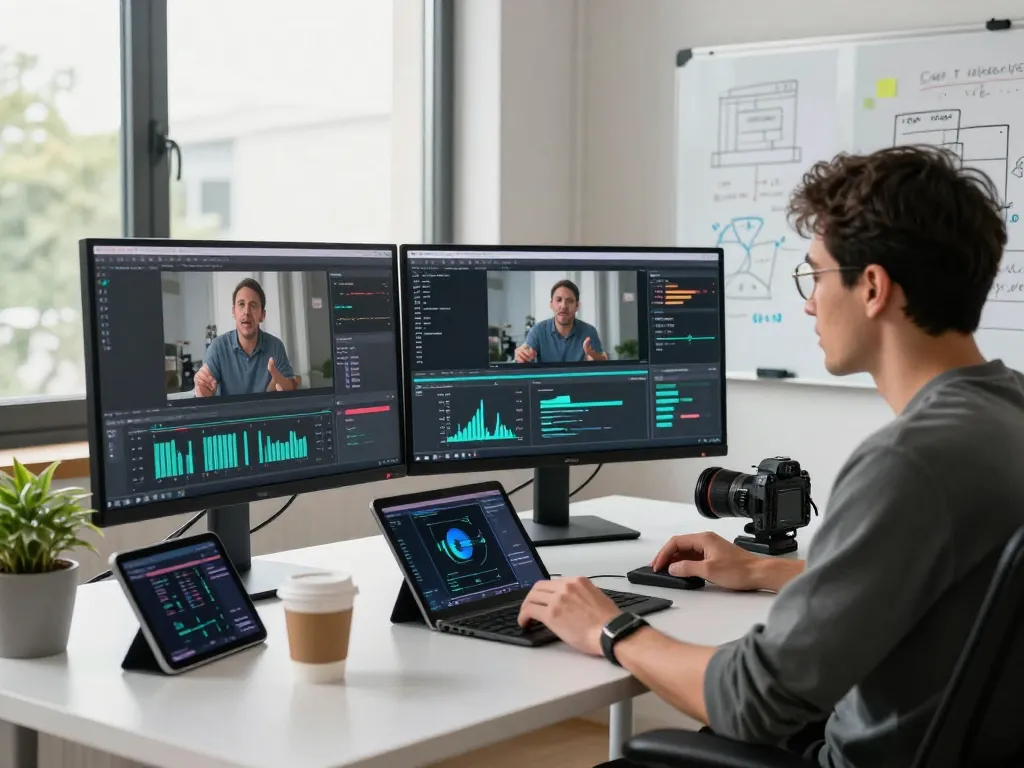 Video to prompt AI expert analyzing video content on multiple screens in a modern workspace.