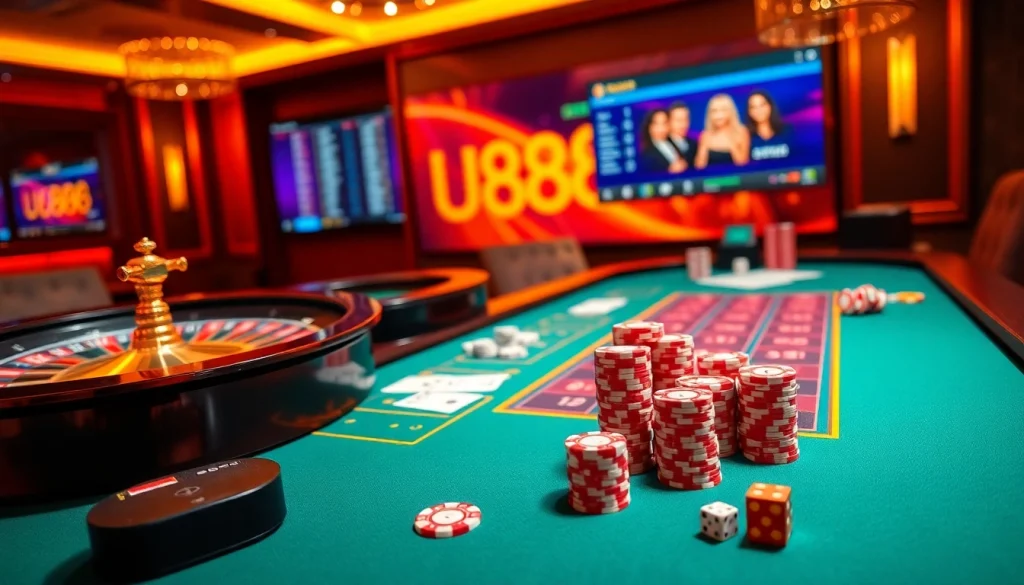 U888 online casino table showcasing vibrant games, poker chips, and live betting odds.