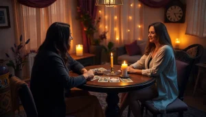 くつろいだ神秘的な環境で電話占い 当たるを披露する魅力的なタロットリーダー。