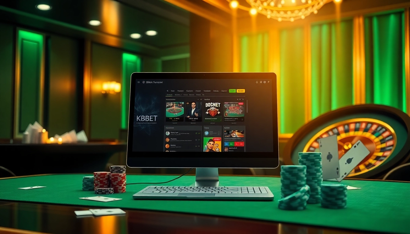 Experience the thrill of downloading the KBBET app, showcasing vibrant gambling elements in a luxurious casino setting.
