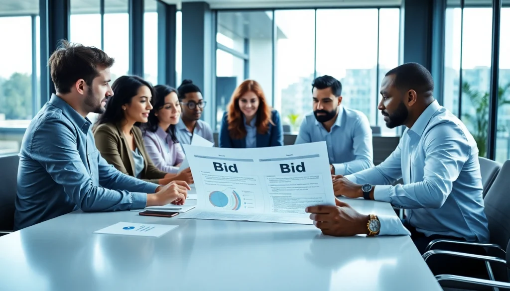 Team engaged in a Bid-No-Bid Analysis discussion in a professional setting.