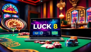 LUCK8 casino experience showcasing a professional gaming setup with poker chips, cards, and an online interface.