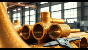 Teava bronz grafitat expusă într-un atelier industrial profesional cu diverse dimensiuni și unelte.