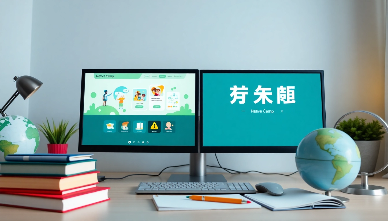 ノートパソコンの画面に表示された ネイティブキャンプと QQ ENGLISH の比較。両プラットフォームの主要機能を、親しみやすい学習環境で強調。