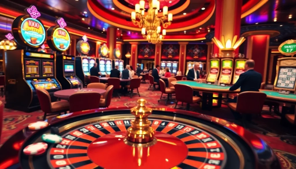 Scène de casino en ligne excitante avec des tables de poker, une roue de roulette et des machines à sous vibrantes.