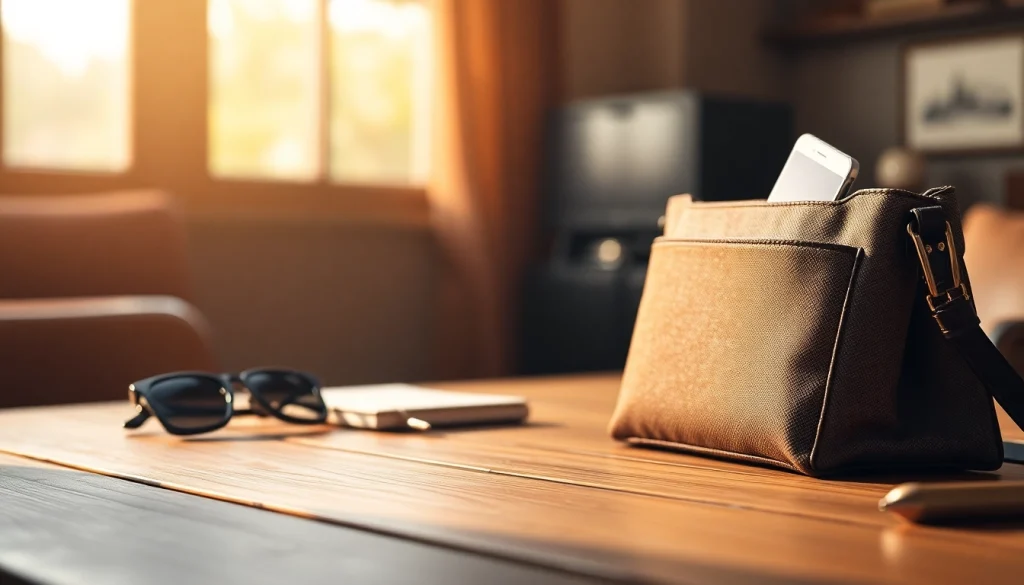 Handytasche Magnetverschluss präsentiert auf einem stilvollen Holzuntergrund mit elegantem Design.