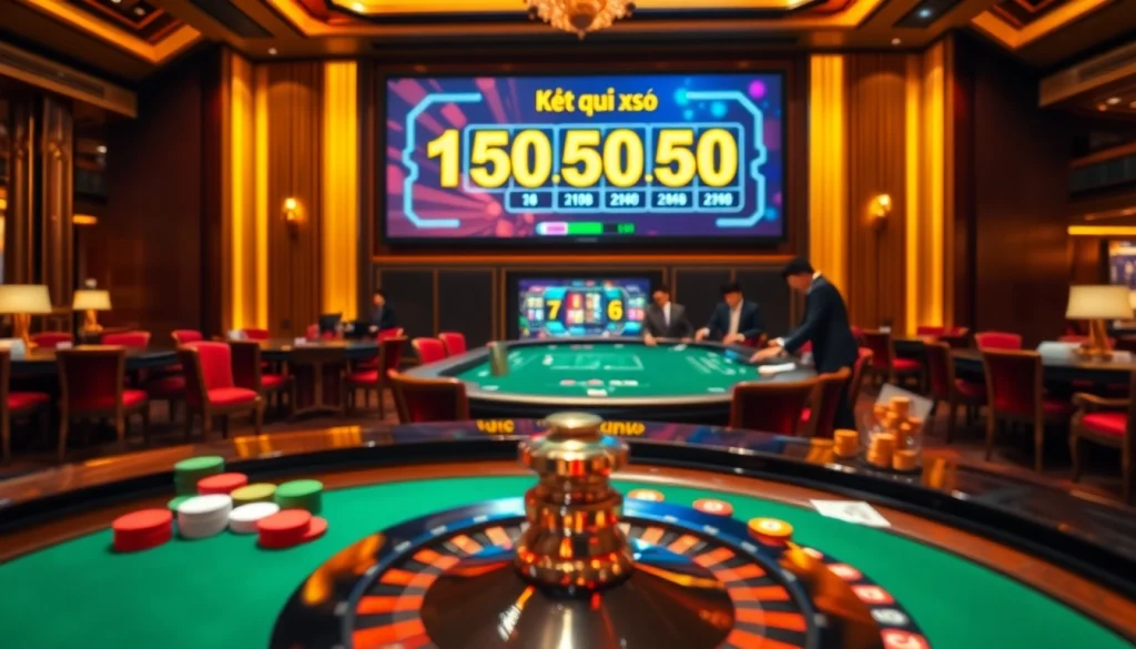 Kết quả xổ số displayed on digital screens in a vibrant casino setting, highlighting luxury and excitement.