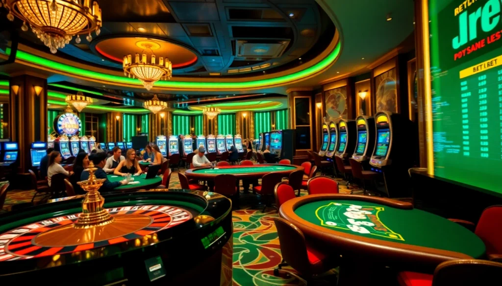 Engaging scene of a vibrant casino showcasing 28BET with roulette, poker, and slot machines.