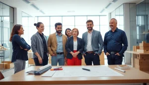 Engaging construction association members collaborating in a modern office setting.