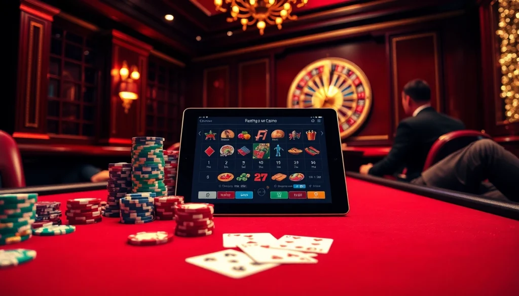 Vivez une expérience de jeu passionnante avec des jetons de poker et des cartes dans un cadre engageant de casino en ligne.
