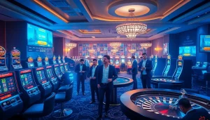 Vivez l'excitation du casino en ligne avec une scène de jeu dynamique mettant en avant le poker et les machines à sous.