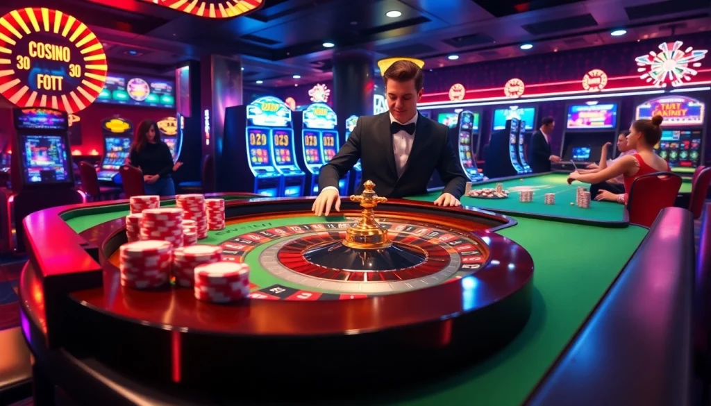 Experience thrilling gameplay at https://x88.agency/ with a vibrant casino scene featuring roulette and slot machines.