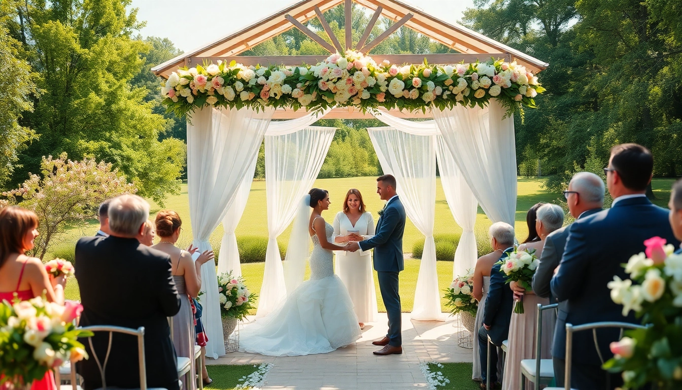 Couple celebrating their vows at scenic Clarksburg wedding venues with floral decorations.