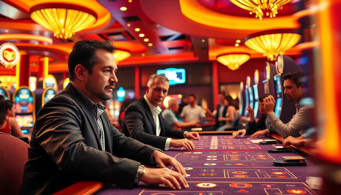 Permainan hoki77 yang menarik di meja kasino dengan lampu neon dan pemain penuh semangat.