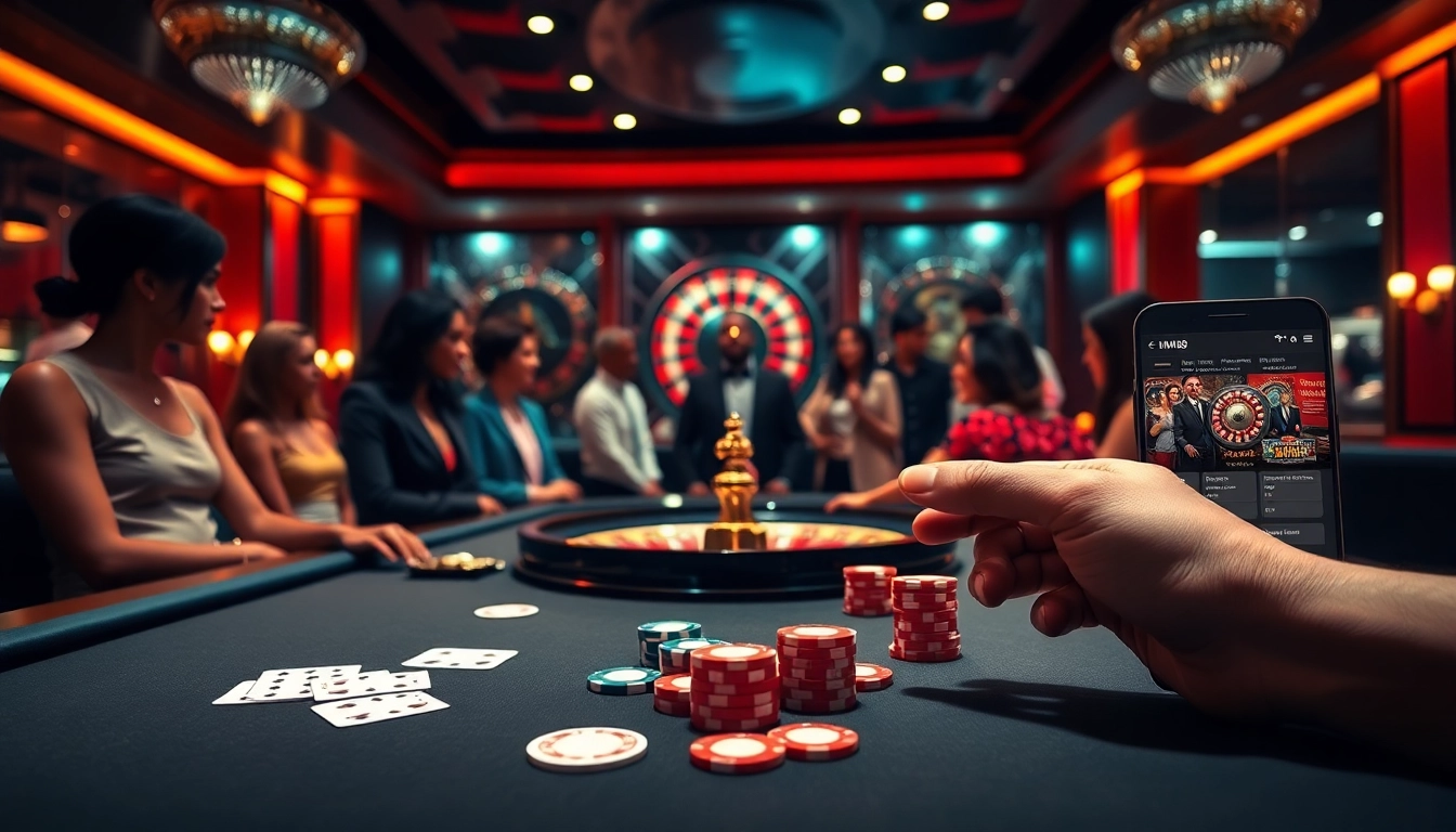 Exciting casino scene showcasing mm88.br.com with players around a gambling table and roulette wheel.