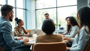 Business coach Sacramento leading a dynamic session with diverse clients in a modern office setting.