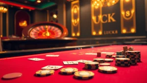 LUCK8 casino table with poker chips and cards, highlighting an exciting gambling experience.