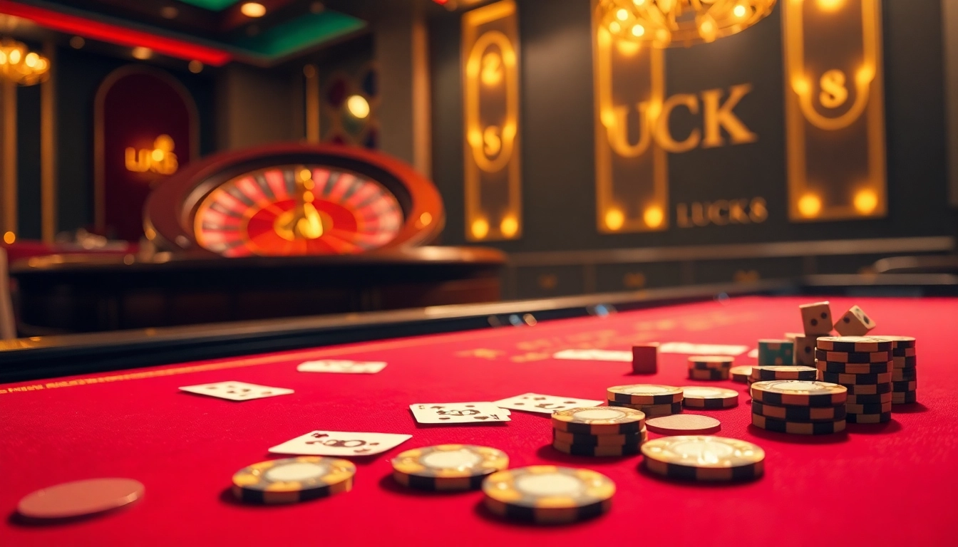 LUCK8 casino table with poker chips and cards, highlighting an exciting gambling experience.