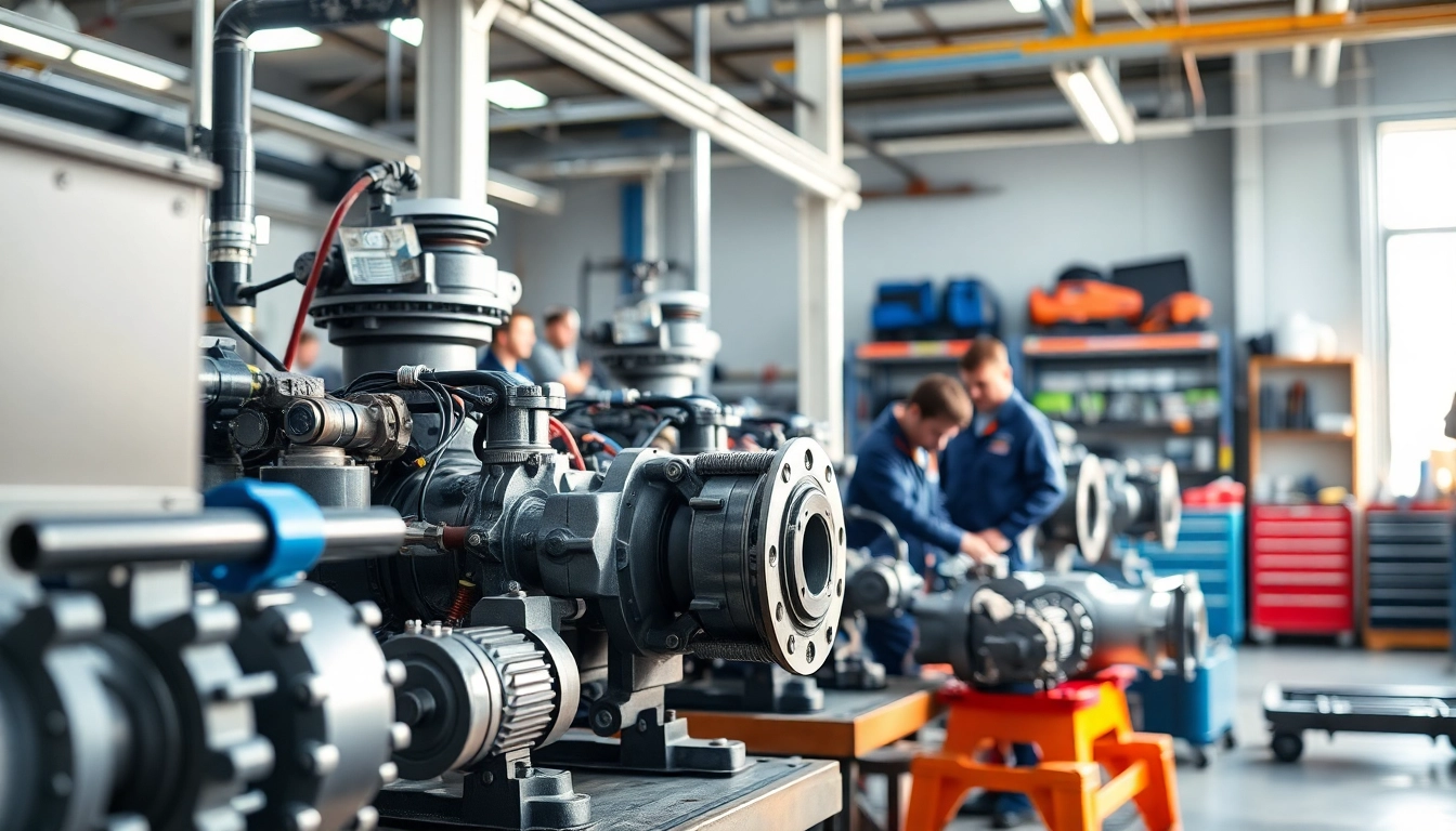 Technicians performing hydraulic pump services in a bright, modern workshop environment.