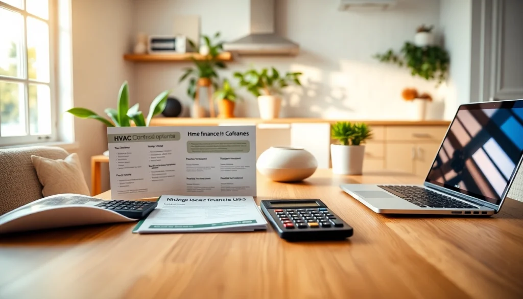 Explore financing for heating solutions on a cozy kitchen table with brochures and a laptop.