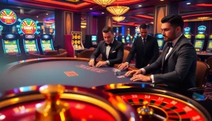 Players enjoying a Texas Hold'em game at https://www.qq8827.com/ with illuminated slot machines and a roulette wheel.