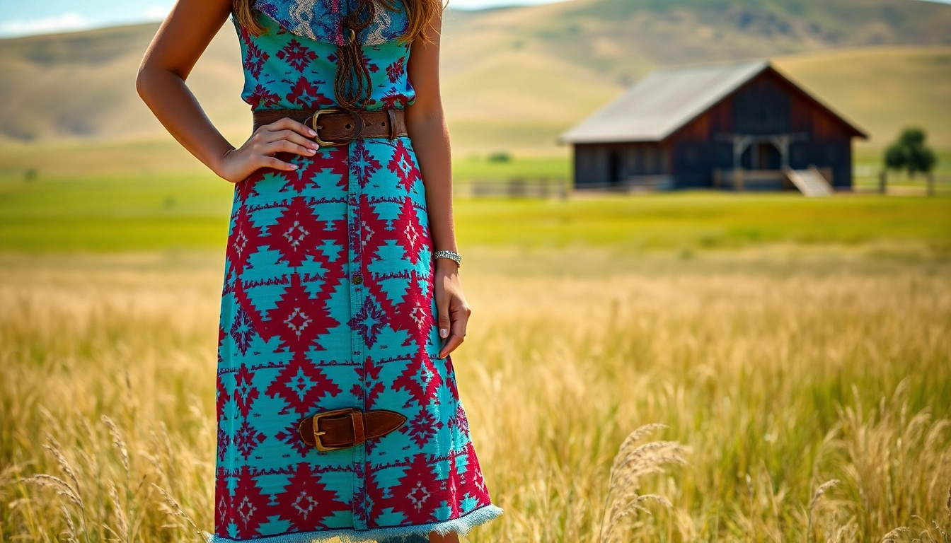 Stylish young cowgirl in Aztec Print Western Wear showcasing vibrant colors and textures.