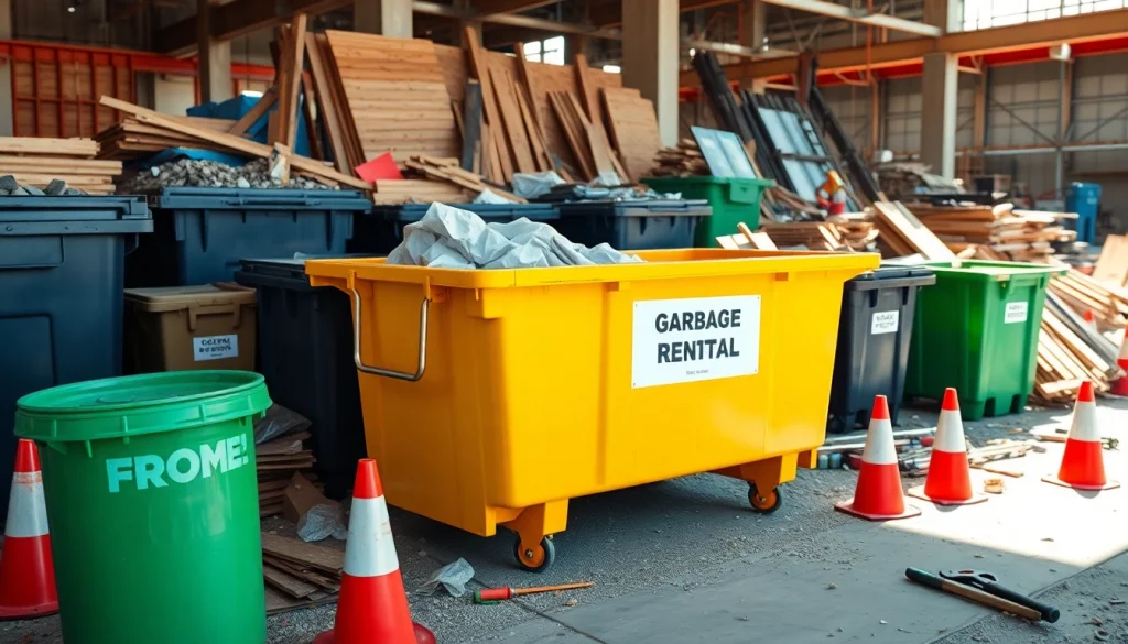 Efficient garbage rental bins on a construction site demonstrating size varieties and vibrant color.