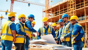 Construction association workers collaborating effectively on-site, demonstrating teamwork and progress.
