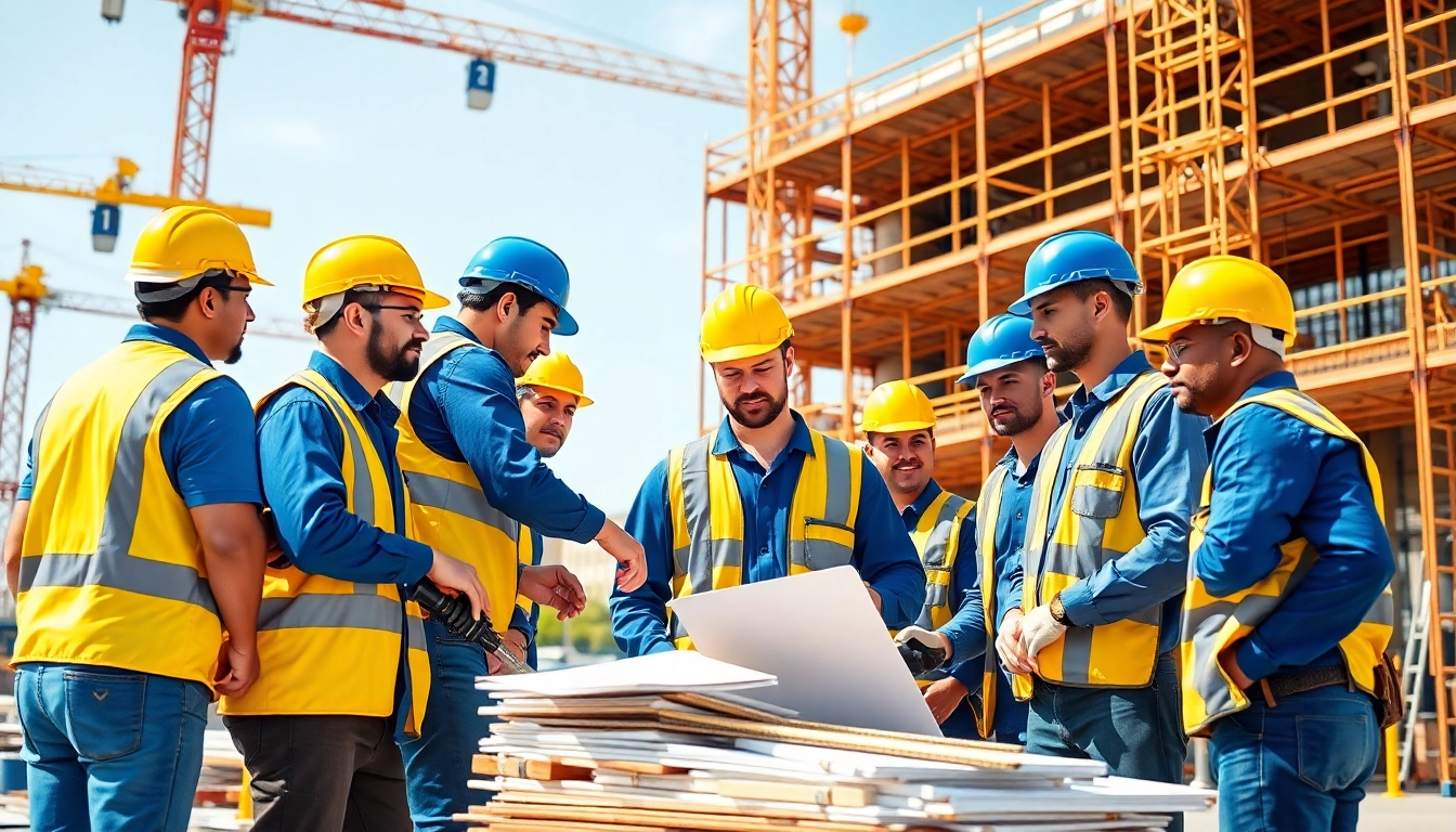 Construction association workers collaborating effectively on-site, demonstrating teamwork and progress.