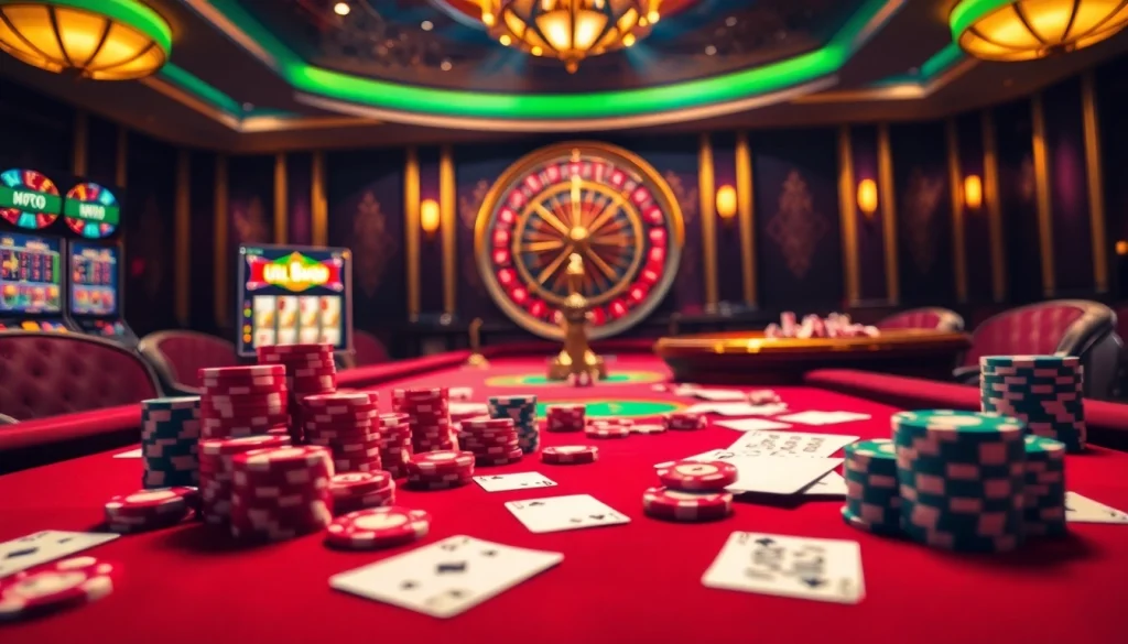Experience the thrill of uu88 at a vibrant casino table, filled with chips and cards.