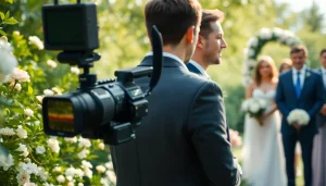 Edmonton videographer capturing a couple's wedding ceremony surrounded by family.