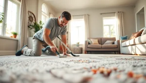 Expert carpet cleaners Roseville CA diligently cleaning a plush rug in a warm, inviting living room.