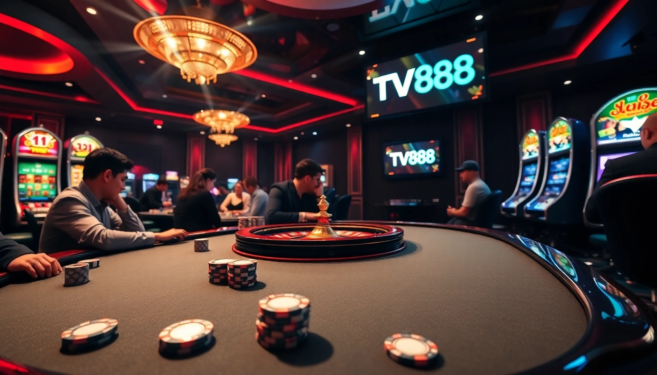 Players strategize while enjoying their time at TV88 casino tables, surrounded by thrilling games.