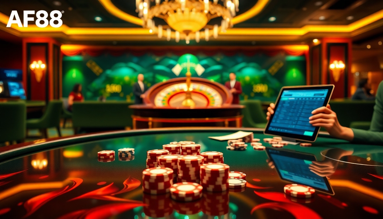 Experience AF88's vibrant online gambling atmosphere with poker chips and roulette wheels.