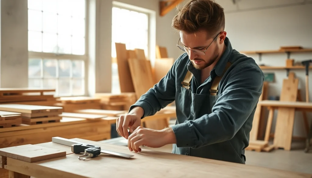 Carpenter measuring wood carefully in a vibrant workshop filled with tools.